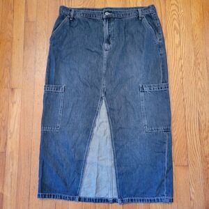 Old Navy‎ Dark Wash Drapey Denim Maxi Cargo Skirt Front Slit 14 Mid Rise 90s Y2K